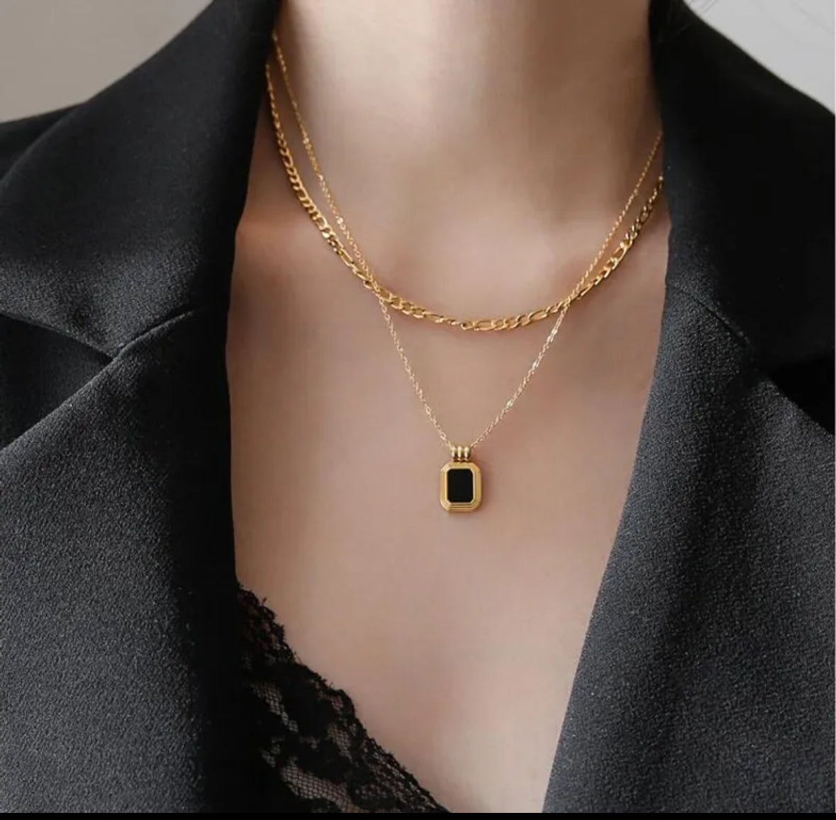 Black Stone Double Layered Necklace